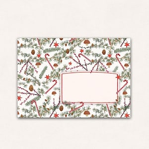 Könnte beinhalten: Rechteckige Karte mit festlichem Weihnachtsmuster. Das Design zeigt grüne Tannenzweige, rote Sterne, Zuckerstangen und braune Tannenzapfen auf weißem Hintergrund. Ein leerer, rechteckiger Bereich ist rot umrandet.