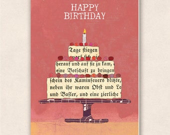 May include: A birthday card with a vintage aesthetic. The card features a cake design with text in a script font, topped with a lit candle and colorful berries. The words "HAPPY BIRTHDAY" are at the top.
