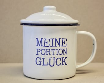 Emaille Becher mit Deckel - meine Portion Glück