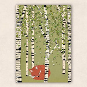 thick postcard - little fox in the Birch Forest