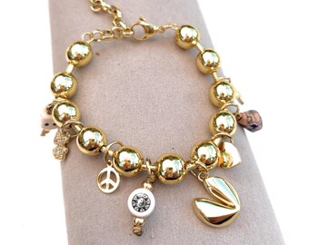 Lucky Gold Ball Charm Bracelet, Peruvian Ceramic and Czech Glass, Lucky Charm Bracelet
