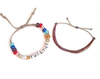 Twisted Pretzel Ceramic & Czech Glass Beaded Bracelet on Waxed Cord, Set of 2 Waterproof Bracelts