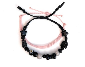 Black Kitty Czech Glass Bead Bracelet, black bracelet, Waterproof Pink Waxed Cord, Set of 2