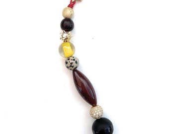 Gemstone and Leather Beaded Bag Charm, Earthy Keychain, Ceramic & Gems