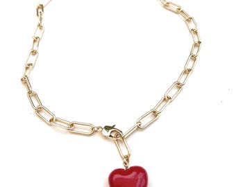 Enamel Heart Paperclip Gold Drop Necklace, Adjustable, nontarnish
