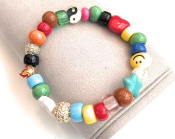 Stretch Fire Ceramic Bracelet, rainbow beads
