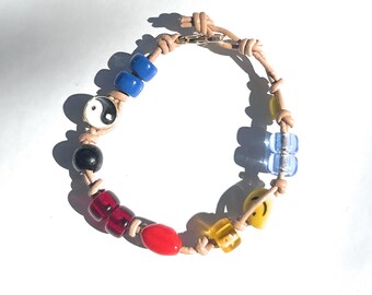 Leather Charm Bracelet, Czech Glass and Peruvian ceramic beads, Ying Yang, 90s