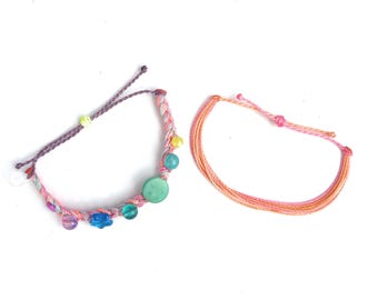Neon Smiles Friendship Bracelet, Ceramic and glass Waxed, Cord, set of 2 bracelets