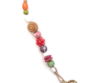 Leather Ceramic and Coin Beaded Bag Charm, Earthy Keychain, Ceramic & Gems