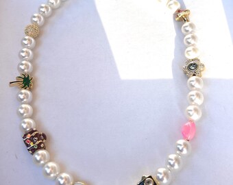 Pearl and Enamel Beaded Necklace, Vacation Necklace