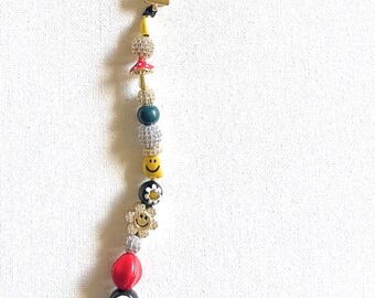 Smiley Face Beaded Bag Charm, Pave and Ceramic