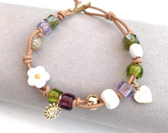 Leather Charm Bracelet, Czech Glass and Peruvian ceramic beads, Daisy