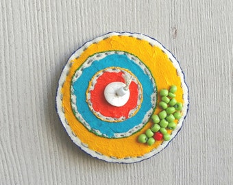 Hand painted brooch yellow fabric brooch, beaded brooch, textile brooch, fabric jewelry, shawl pin, round badge, fabric pin, coat badge