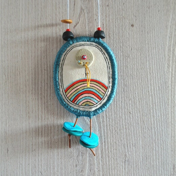 Illustrated necklace, Fabric Necklace, painted pendant, hand drawn necklace polymer clay beads textile pendant fabric jewelry, art pendant