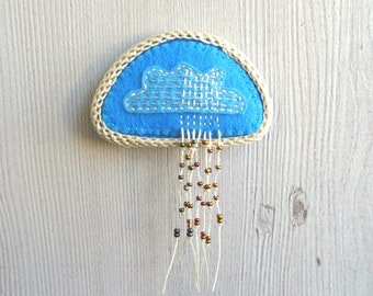 Rainy Cloud brooch, crocheted brooch, cloud pin, rain brooch, cloud jewelry, felt pin, crochet badge, felted jewelry, little beads broch