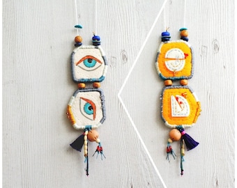 Two sided fabric art necklace, hand painted eye pendant necklace bohemian style textile necklace, wearable art jewelry, unique gifts for her