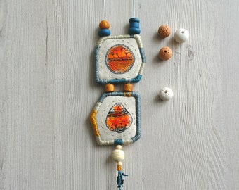 Fabric art necklace, mixed materials necklace painted pendant necklace bohemian style textile pendant, wearable art jewelry textile necklace