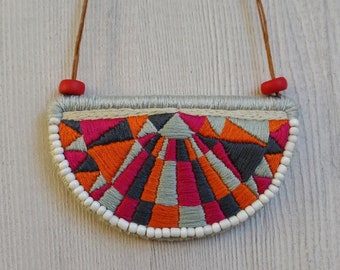 Embroidery bib necklace, geometric statement necklace, embroidered pendant, unique gifts, artistic modernist jewelry, unique art necklace