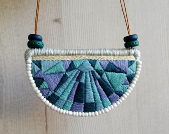 Embroidered geometric bib necklace, statement necklace, embroidered triangles pendant, unique gifts, maximalist jewelry, unique art necklace