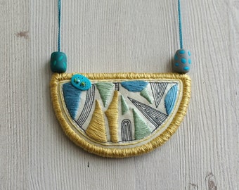 Geometric bib necklace, Fabric necklace, embroidery necklace, triangles necklace blue and yellow pendant geometric jewelry statement pendant
