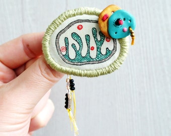 Hand drawn brooch with beads and polymer clay, abstract illustrated mitochondria brooch, fabric pin, unique pin, contemporary jewelry