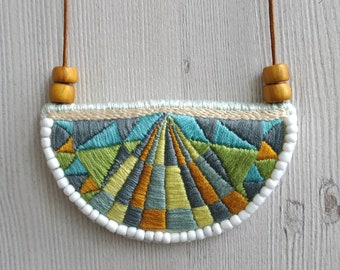 Handmade embroidered colorful necklace, textile bib necklace, geometric embroidery jewelry, fabric necklace, geometric necklace