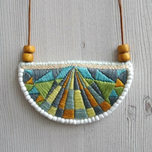 Handmade embroidered colorful necklace, textile bib necklace, geometric embroidery jewelry, fabric necklace, geometric necklace