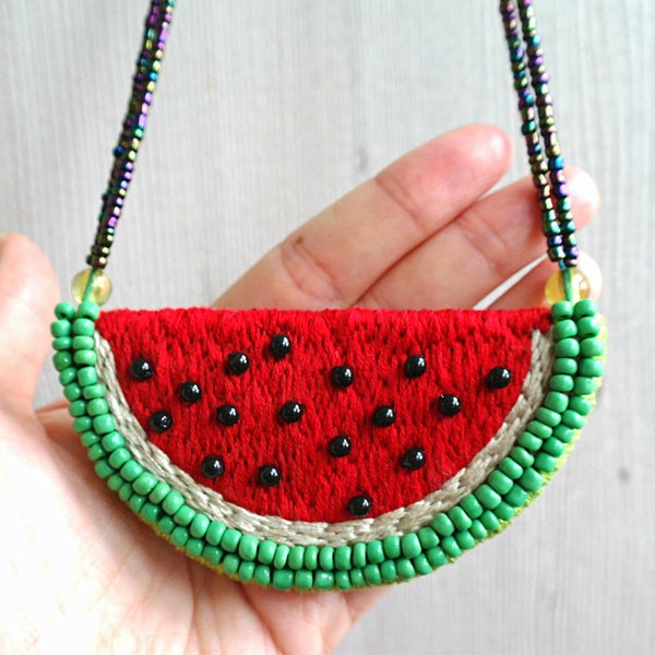 Embroidered watermelon necklace, bead embroidery necklace, fruit necklace, bib necklace, watermelon gifts, food necklace, watermelon slice