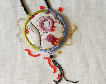 Fabric necklace with beads and embroidery, short and unique necklace, statement necklace, fabric jewelry, textile art, original gift for her