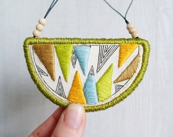 Geometric bib necklace, Fabric necklace, embroidery necklace, triangles necklace green pendant, geometric jewelry statement, gifts for her
