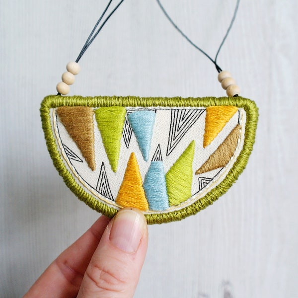 Geometric bib necklace, Fabric necklace, embroidery necklace, triangles necklace green pendant, geometric jewelry statement, gifts for her