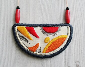 Embroidered necklace with personalization in bright colors, hand stitched pendant with line drawings half moon shape, unique gift ideas