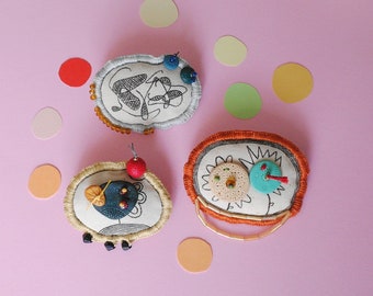 Fabric pins, fabric brooches, wearable art, unique jewelry, unique gifts, colorful brooch, polymer clay broach, quirky brooch, gifts for her