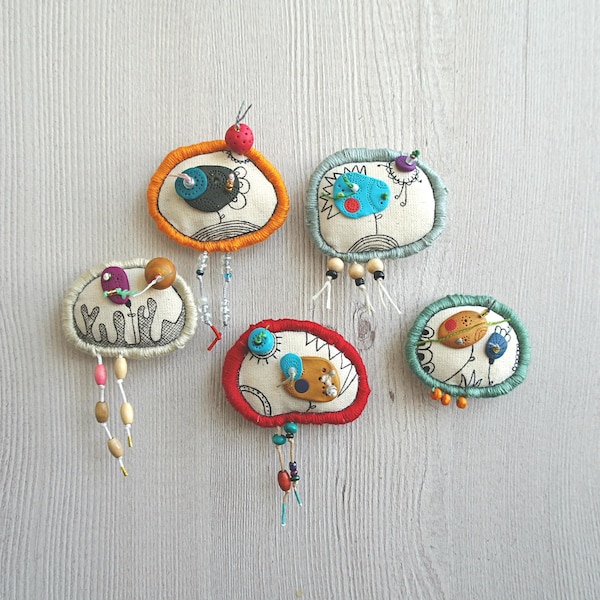 Fabric pins, fabric brooches, wearable art, unique jewelry, drawing pins, unique gifts, colorful brooch, polymer clay broach, quirky brooch