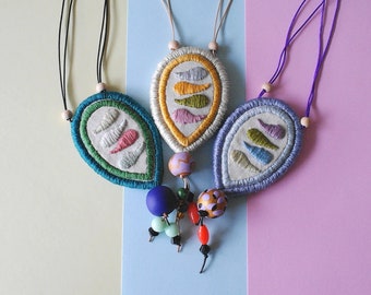 Hand embroidered necklaces, contemporary embroidery boho style jewelry, fabric necklace, textile art necklace, birthday gifts for girlfriend