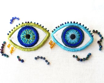 Eye brooch, embroidery with beads pin, evil eye jewelry, face anatomy jewelry, hand stitched all seeing eye pin, eye broach, unique gifts