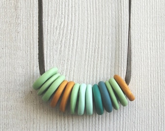 Fimo necklace long leather necklace polymer clay jewelry minimalist necklace simple stacked necklace round beads disc beads necklace sculpey