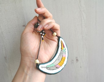 Embroidery pendant feather necklace, crescent necklace textile bib necklace feather pendant, embroidery necklace, hand painted necklace fimo
