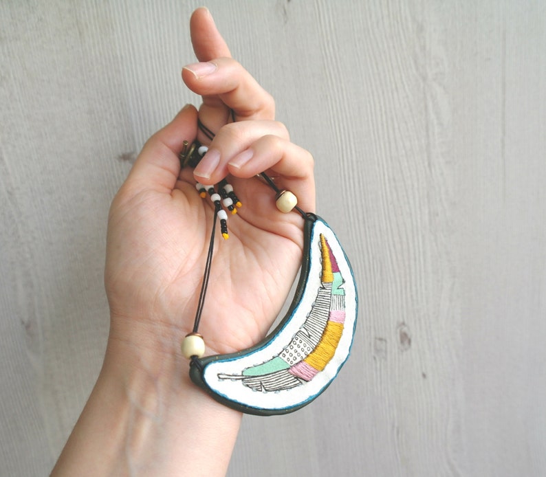 Embroidery pendant feather necklace, crescent necklace textile bib necklace feather pendant, embroidery necklace, hand painted necklace fimo image 1