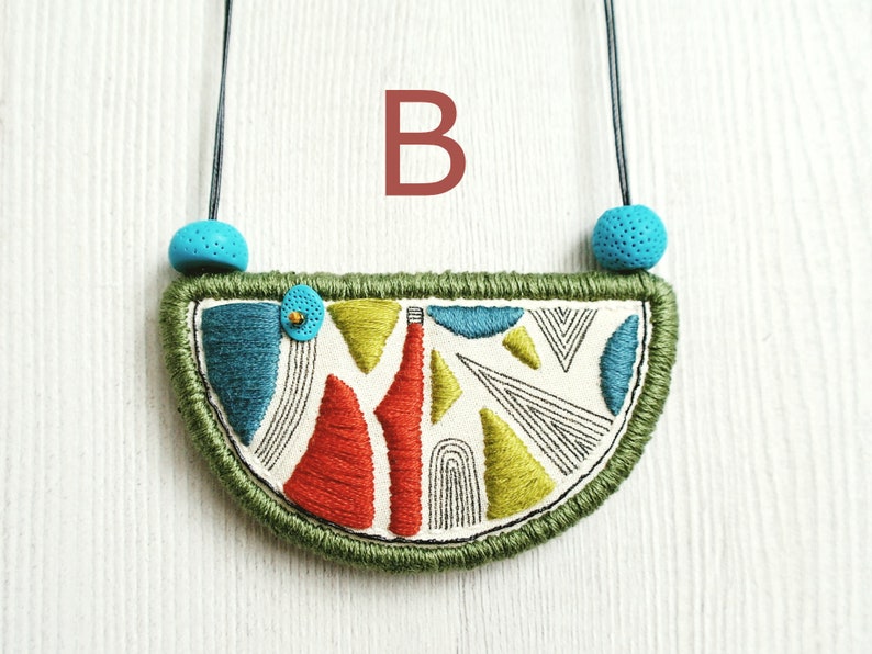 Hand embroidered bib necklaces, Fabric art necklaces, half moon pendant, geometric pattern textile statement everyday jewelry, gift for her Necklace B