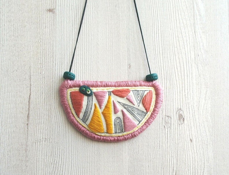 Fabric necklace embroidered bib necklace,original jewelry, embroidered pendant handstitched, textile jewelry, hand drawn necklace statement image 1