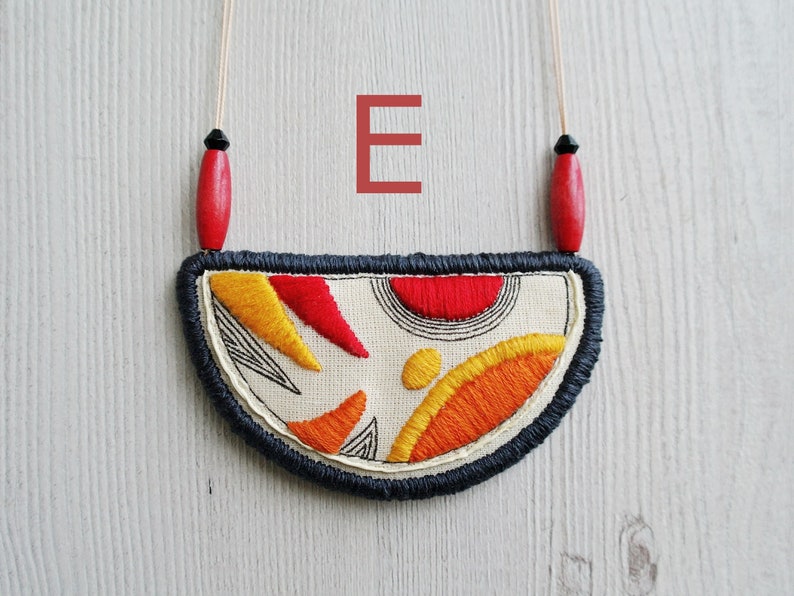 Hand embroidered bib necklaces, Fabric art necklaces, half moon pendant, geometric pattern textile statement everyday jewelry, gift for her Necklace E