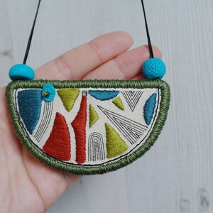 Fabric necklace with embroidered pendant, embroidery bib necklace, colorful, joyful and bold textile art jewelry, collar necklace gift image 3
