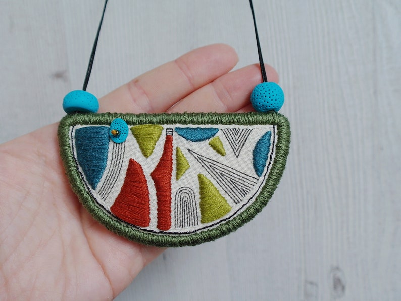 Fabric necklace with embroidered pendant, embroidery bib necklace, colorful, joyful and bold textile art jewelry, collar necklace gift image 3