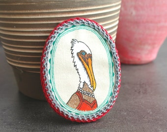 Bird pelican brooch, bird jewelry, artisan handmade jewelry, crocheted brooch, illustrated pin, fabric brooch, scarf pin, pet lovers gift