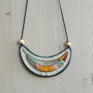 Embroidery pendant feather necklace, crescent necklace textile bib necklace feather pendant, embroidery necklace, hand painted necklace fimo image 3