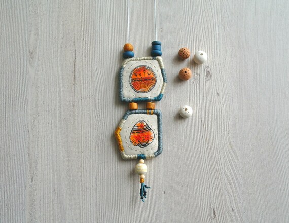 Fabric Art Necklace Mixed Materials Necklace Painted Pendant