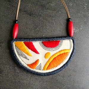 Hand embroidered bib necklaces, Fabric art necklaces, half moon pendant, geometric pattern textile statement everyday jewelry, gift for her image 9