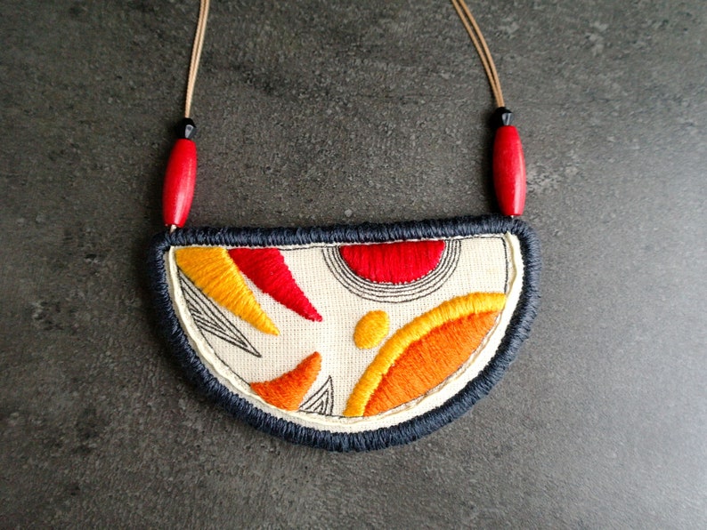 Hand embroidered bib necklaces, Fabric art necklaces, half moon pendant, geometric pattern textile statement everyday jewelry, gift for her image 9
