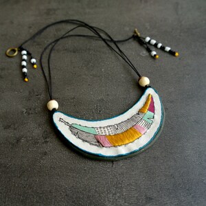 Embroidery pendant feather necklace, crescent necklace textile bib necklace feather pendant, embroidery necklace, hand painted necklace fimo image 2